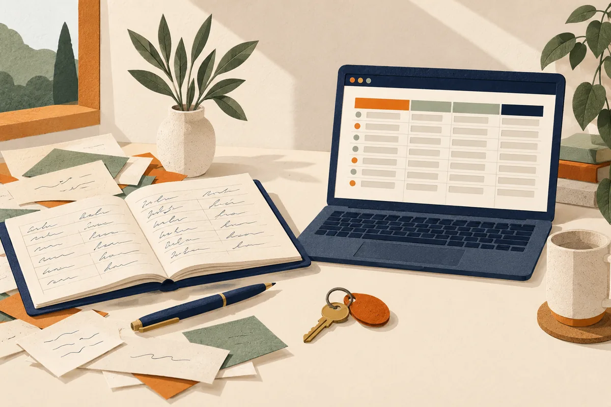 Editorial illustration of a paper guest register beside an abstract spreadsheet
