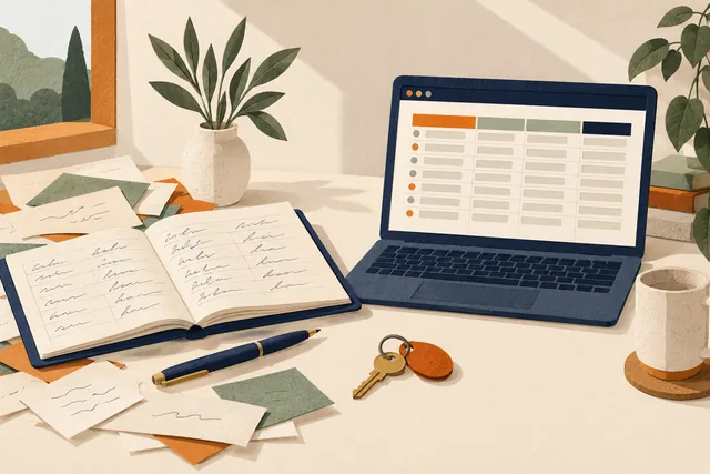 Editorial illustration of a paper guest register beside an abstract spreadsheet