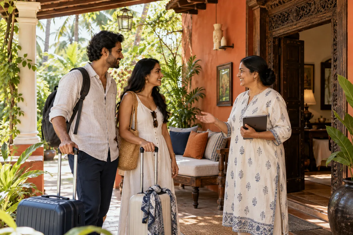 Illustrative arrival at an Indian homestay with a host and guests carrying luggage